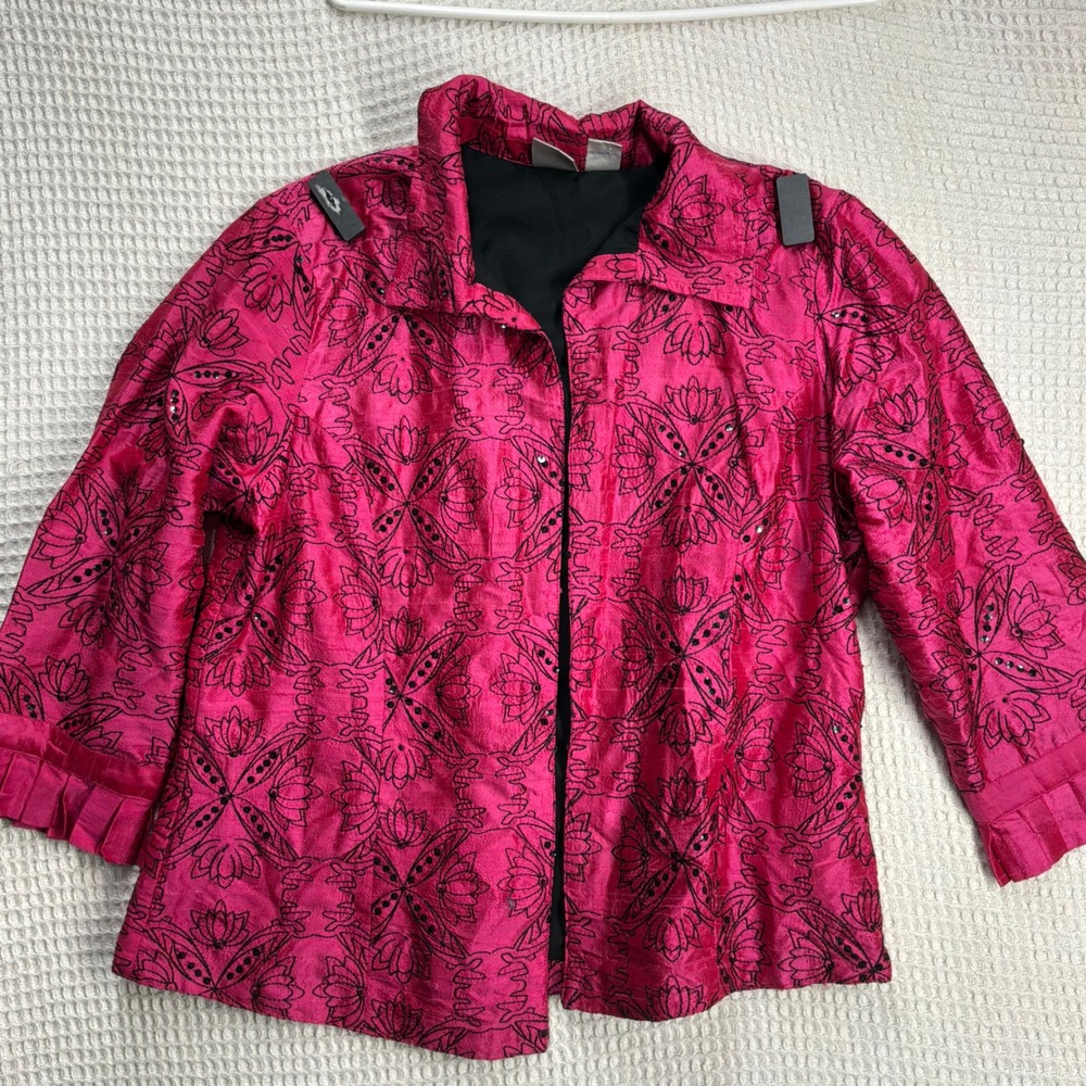 Boho Womens Bleu Bayou Silk Embroidered Sequin Jacket L Fuchsia Pink
